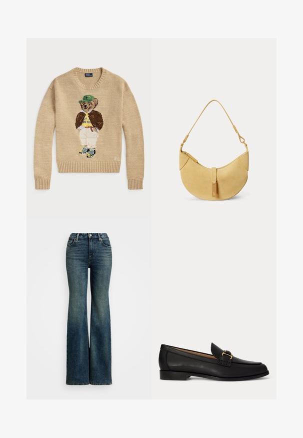 Beige strikketrøje med en broderet bjørn, der bærer en grøn hat, gul skjorte, brun jakke og lyse bukser med sneakers.; Fadede blå flare jeans lavet af denim. Høj talje-design med en klassisk 5-lomme stil og synlige syninger.; Sort læderloafer med lille hæl og dekorativt gyldent spænde foran, vist fra siden på en hvid baggrund.; Gul halvmåneformet håndtaske med en enkelt strop og fortil lynlås, vist mod en ensfarvet lys baggrund.