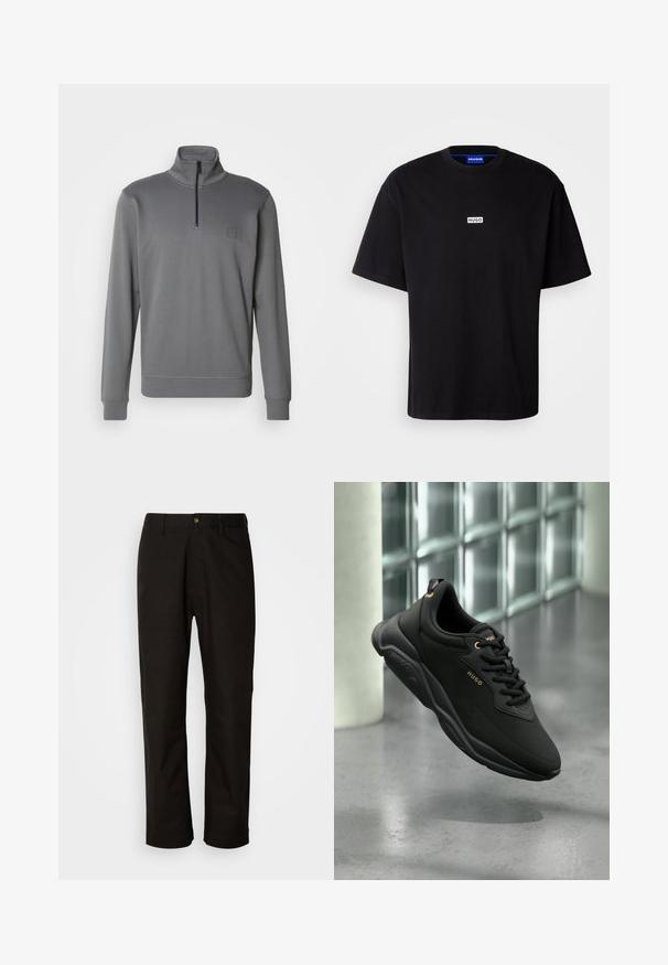 Sweatshirt gris à col haut et fermeture éclair demi-zippée. Présente un tissu texturé et un petit patch logo sur la poitrine.; T-shirt en coton noir avec un col rond, des manches courtes et un logo rectangulaire "HUGO" blanc sur la poitrine. Texture lisse, coupe décontractée.; Pantalon en coton noir avec une coupe droite, des passants de ceinture, une fermeture éclair à l'avant et un seul bouton. Texture lisse sans motifs visibles.; Baskets noires Hugo à semelle épaisse et logo doré, suspendues au-dessus d'un sol gris poli, devant un mur en blocs de verre.