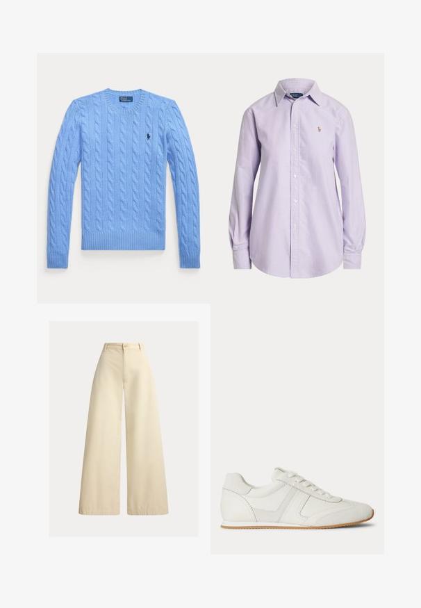 Lyseblå kabelstrikket langærmet sweater med rund halsudskæring og lille mørkt logo på venstre bryst.; Lyse lilla langærmet skjorte med knapper, krave og lille broderet logo på venstre bryst.; Beige bukser med vide ben lavet af bomuld med høj talje, knaplukning foran og neat syninger langs kanterne.; Hvid lavtop sneaker med snørelukning foran, ruskind- og læderpaneler og en lysebrun gummisål på en hvid baggrund.