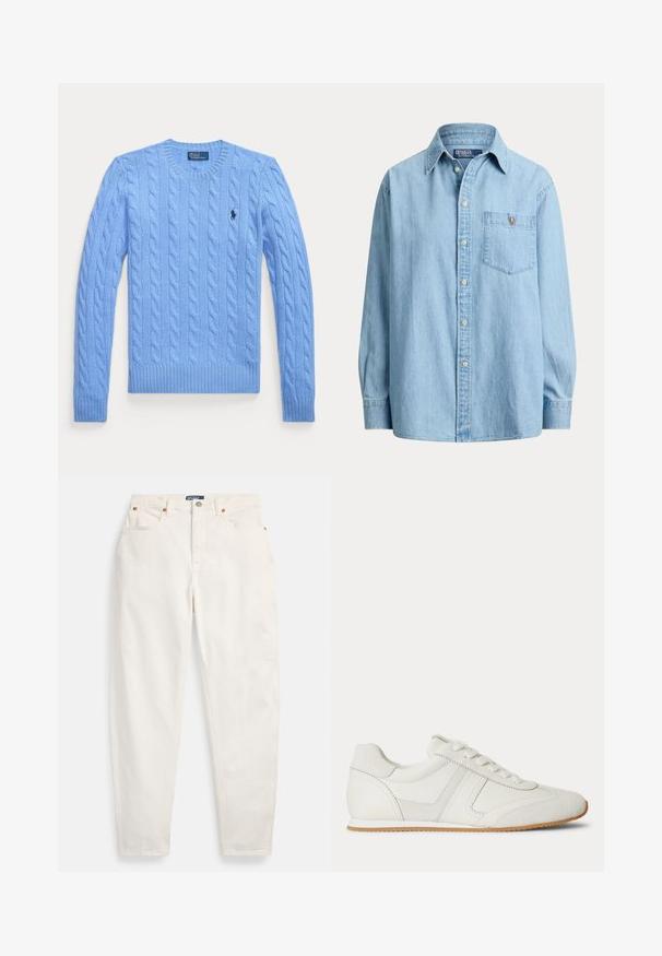 Lichtblauwe kabelgebreide trui met lange mouwen, een ronde hals en een klein donker logo op de linkerborst.; Lichtblauw denim shirt met lange mouwen, knoopsluiting voor en een borstzakje met een klein geborduurd logo op het zakje.; Witte jeans met hoge taille en rechte pijpen, voorzien van knoop en ritssluiting aan de voorkant, ontwerp met vijf zakken en Polo merkembleem op de tailleband.; Witte lage sneaker met veters aan de voorkant, suède en leren panelen, en een lichtbruine rubberen zool op een witte achtergrond.