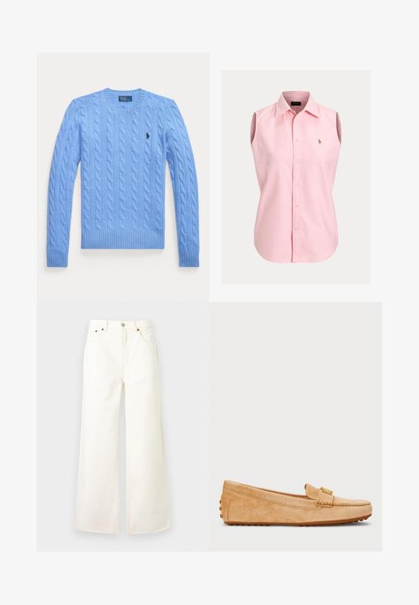 Suéter de punto trenzado azul claro, de manga larga, con cuello redondo y pequeño logo oscuro en el pecho izquierdo.; Camisa sin mangas de color rosa claro con botones, hecha de algodón, que cuenta con un cuello puntiagudo y un pequeño logo bordado en el pecho izquierdo.; Vaqueros blancos de tiro alto y pierna ancha con botón y cremallera delanteros, diseño de cinco bolsillos y detalles de remaches de cobre.; Mocasines de ante en tono beige con punta redondeada, que presentan una correa de acentuación en tono dorado y suela de goma con tachuelas para mayor tracción. Textura suave.