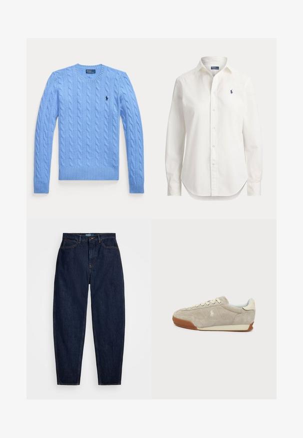 Suéter de punto trenzado azul claro, de manga larga, con cuello redondo y pequeño logo oscuro en el pecho izquierdo.; Camisa blanca de manga larga con botones, cuello y pequeño logo azul de jugador de polo en el pecho izquierdo.; Vaqueros de denim azul oscuro con un corte recto, que presentan costuras naranjas, un cierre frontal con botón y cinco bolsillos.; Zapatilla baja de ante beige con cordones blancos, suela de goma marrón y un pequeño logo bordado en el lateral.