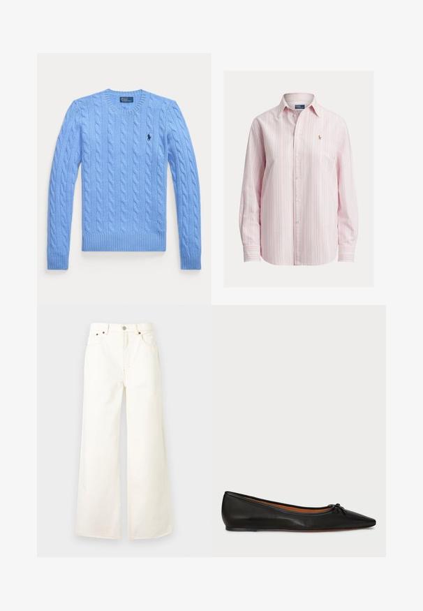 Suéter de punto trenzado azul claro, de manga larga, con cuello redondo y pequeño logo oscuro en el pecho izquierdo.; Camisa de manga larga con botones en rosa claro con rayas blancas y azules, con un pequeño logo bordado en el pecho, hecha de tela de algodón.; Vaqueros blancos de tiro alto y pierna ancha con botón y cremallera delanteros, diseño de cinco bolsillos y detalles de remaches de cobre.; Bailarina de cuero negro con punta afilada, silueta delgada y un pequeño lazo en la parte frontal. Textura lisa y diseño minimalista.