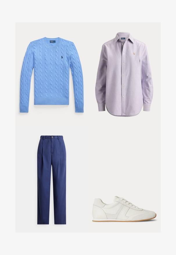 Suéter de punto trenzado azul claro, de manga larga, con cuello redondo y pequeño logo oscuro en el pecho izquierdo.; Camisa de manga larga color púrpura claro con botones y cuello, con un pequeño logo bordado en el lado izquierdo del pecho, presentada sobre un fondo liso.; Pantalones azul marino de corte recto, con pliegues delanteros, cierre con botón y una tela de algodón suave. Diseño simple sin estampados.; Zapatilla blanca de corte bajo con cordones en la parte frontal, paneles de ante y cuero, y una suela de goma marrón claro sobre un fondo blanco.
