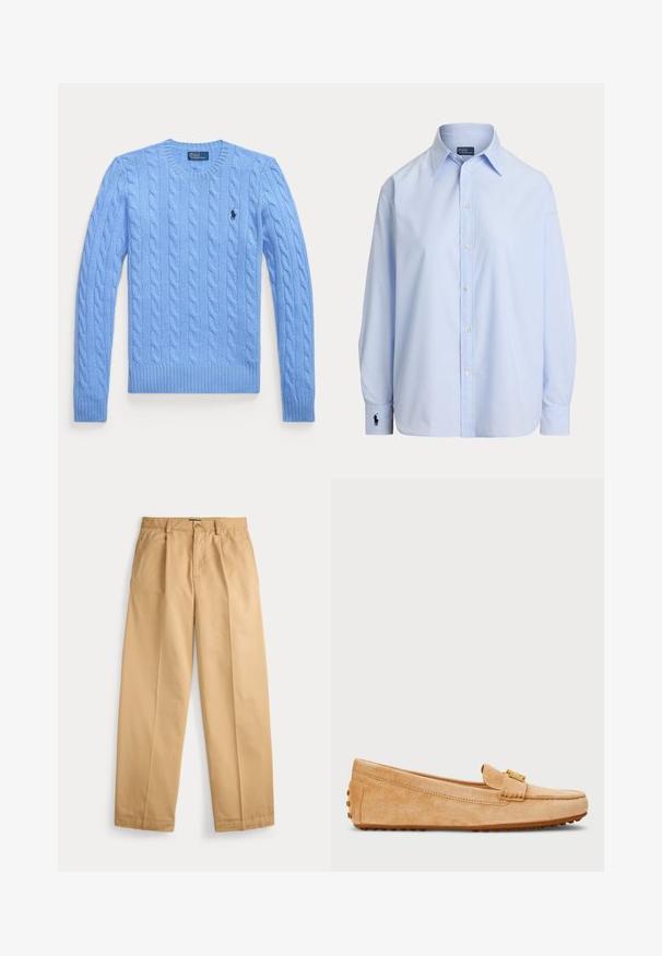 Pull bleu clair en maille torsadée à manches longues, col rond et petit logo sombre sur le côté gauche de la poitrine.; Chemise bleu clair à manches longues avec boutons, col pointu et logo brodé sur le poignet gauche, présentée sur fond blanc.; Pantalon beige à jambes droites avec fermeture par bouton et zip, poches avant, passants pour ceinture et plis marqués le long des jambes.; Mocassins en daim tan avec un bout arrondi, dotés d'une sangle accent en ton or et d'une semelle extérieure en caoutchouc à picots pour une traction. Texture lisse.