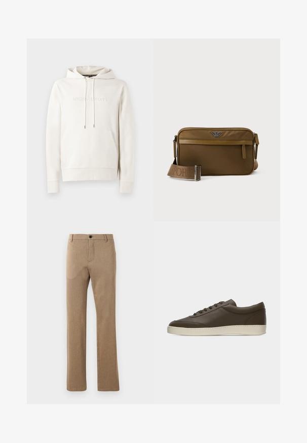 Manteau à capuche blanc avec une poche avant, des cordons de serrage et un logo en relief. Fabriqué en tissu doux avec des poignets et un ourlet côtelés. Design minimaliste.; Pantalon marron ajusté, fabriqué dans un tissu texturé avec une coupe droite, présentant une fermeture à bouton à l'avant et des poches latérales.; Baskets basses en cuir marron foncé avec lacets sur le devant et semelle en caoutchouc couleur crème, vues de côté extérieur sur fond blanc.; Sac bandoulière rectangulaire marron avec poche zippée à l'avant, sangle réglable embossée du nom de la marque, et logo métallique au centre supérieur.