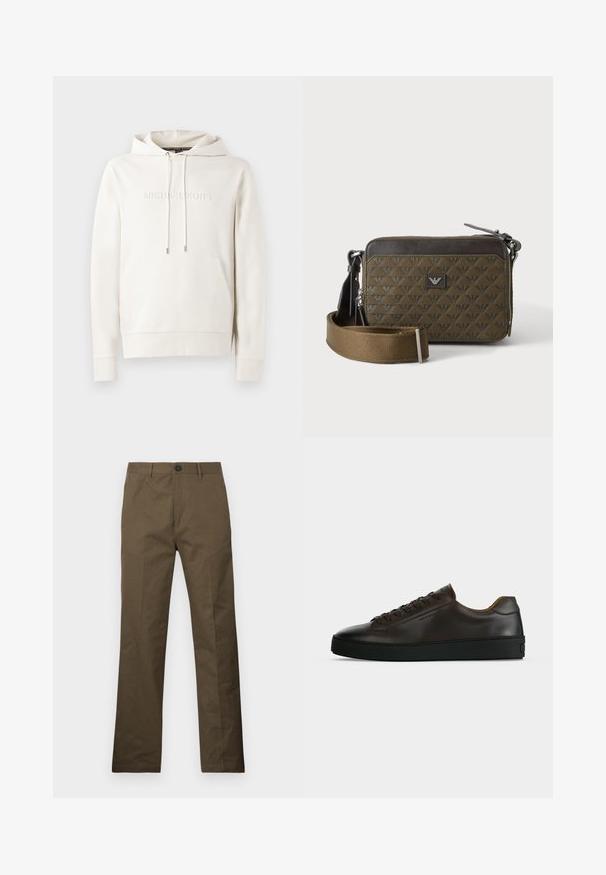 Manteau à capuche blanc avec une poche avant, des cordons de serrage et un logo en relief. Fabriqué en tissu doux avec des poignets et un ourlet côtelés. Design minimaliste.; Pantalon en coton brun à coupe droite, avec une fermeture à bouton et des poches latérales, exposé sur un fond blanc.; Baskets basses en cuir marron foncé avec semelle en caoutchouc noire, lacets à l'avant et design minimaliste épuré sur fond clair.; Petit sac bandoulière rectangulaire marron avec texture à motifs, patch logo devant, fermeture éclair et large bandoulière réglable.