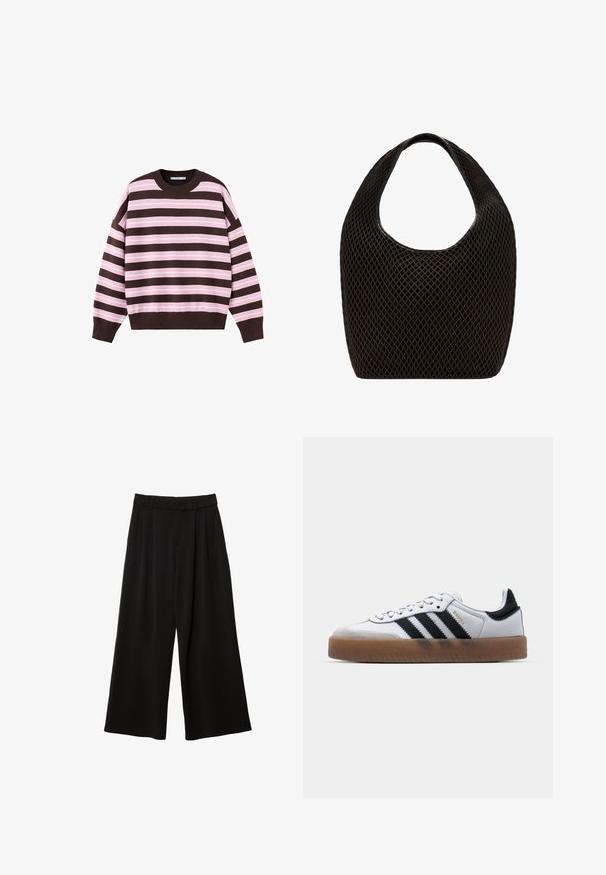 Pull à manches longues avec col rond, rayures horizontales marron et rose clair, poignets et ourlet côtelés.; Pantalon noir à jambes larges avec passants de ceinture, fermeture à boutons sur le devant et poches latérales, présenté sur fond blanc.; Baskets en cuir blanc avec des rayures noires, semelle extérieure en caoutchouc beige, bout rond, fermeture lacée et embout en suède gris doux.; Sac cabas noir en maille à tissage ouvert avec poignée supérieure arrondie et corps large et incurvé.