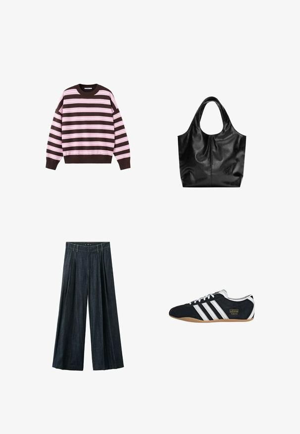 Pull à manches longues avec col rond, rayures horizontales marron et rose clair, poignets et ourlet côtelés.; Pantalon en denim bleu foncé à jambes larges avec plis, passants pour ceinture et poches avant.; Sneakers en suede noir avec trois bandes blanches, logo doré et semelle en caoutchouc marron. Présente un design à lacets à profil bas.; Sac fourre-tout en cuir noir avec une texture lisse, un haut arrondi doux et de larges poignées. Présente une couture minimale et une silhouette décontractée.