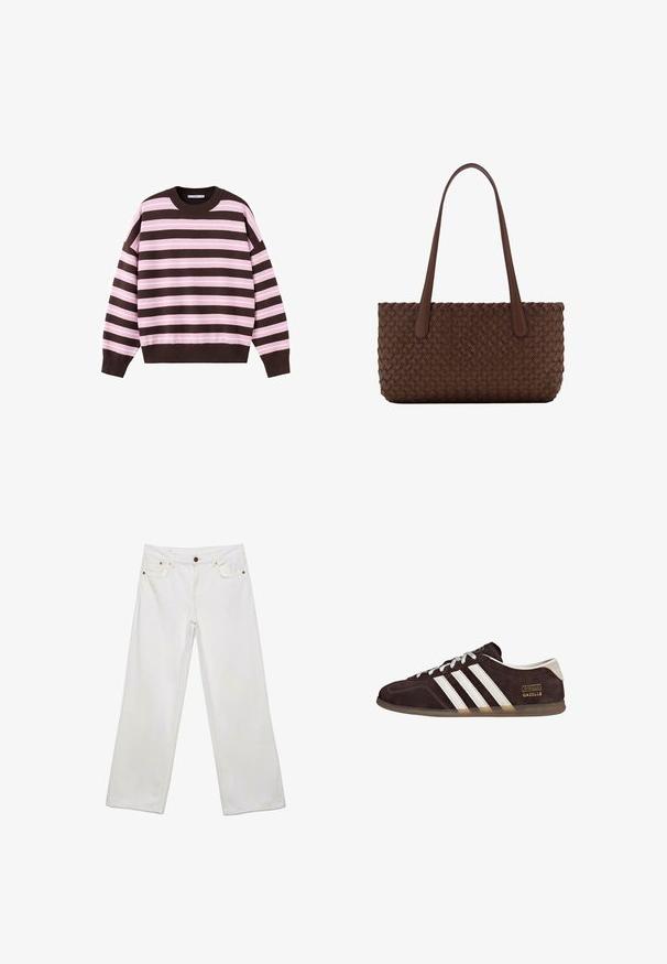 Pull à manches longues avec col rond, rayures horizontales marron et rose clair, poignets et ourlet côtelés.; Jean en denim blanc avec jambes larges et droites, fermeture avant par bouton et fermeture éclair, et design à cinq poches.; Baskets en suède marron avec trois bandes blanches, semelle en caoutchouc, et étiquette avec le texte "Gazelle" en or. Fermeture à lacets avec lacets gris.; Sac à main en cuir marron avec un motif tissé, avec deux longues anses fines pour un port à l'épaule.