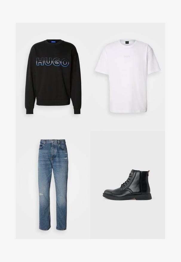 Schwarzer Hoodie mit großem "HUGO"-Logo in blauer Farbverlauf-Stickerei. Rundhalsausschnitt, gerippte Bündchen und Saum. Aus weichem Stoff gefertigt.; Weißes Baumwoll-T-Shirt mit kurzen Ärmeln, rundem Ausschnitt und geprägtem "BOSS"-Logo auf der Brust. Glatte Textur, normale Passform.; Hellblaue Denim-Jeans im Straight-Leg-Design, mit einem Knopf- und Reißverschluss, fünf Taschen und leicht abgetragenen Details im Kniebereich.; Schwarzer Leder-Stiefel bis zum Knöchel mit Schnürung vorne, rundem Zeh, flacher Sohle und Zuglasche hinten vor schlichtem hellgrauem Hintergrund.