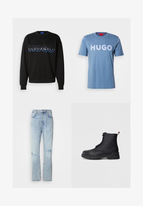 Zwarte sweatshirt met groot "HUGO" logo in blauwe gradient borduring. Ronde hals, ribgebreide boorden en zoom. Gemaakt van zachte stof.; Lichtblauwe katoenen t-shirt met korte mouwen, met een groot wit "HUGO" logo op de voorkant. Eenvoudige ronde halslijn, gladde textuur.; Licht gewassen denim jeans met een ontspannen pasvorm, voorzien van versleten plekken en rafelige randen. De stof heeft een zachte, gladde textuur.; Zwarte leren enkelboot met vetersluiting aan de voorkant, dikke rubberen zool en rode lip aan de hak, gepresenteerd tegen een neutrale lichte achtergrond.