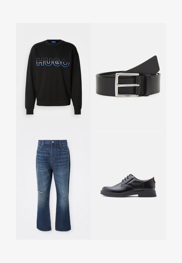 Zwarte sweatshirt met groot "HUGO" logo in blauwe gradient borduring. Ronde hals, ribgebreide boorden en zoom. Gemaakt van zachte stof.; Blauwe denim flare jeans met lichte slijtage op beide knieën en een knoopsluiting bij de taille, gepresenteerd tegen een witte achtergrond.; Zwarte leren veter schoenen met een gladde textuur, ronde neus en subtiel stiksel detail. Voorzien van een rode trekband op de hiel.; Zwarte leren riem met een rechthoekige zilveren gesp, met subtiele branding en een gladde textuur. De uiteinden lopen taps toe naar een afgeronde finish.