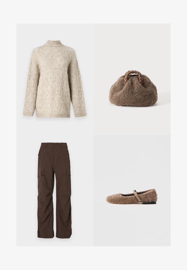Pull en tricot beige avec un col montant, présentant un motif de câble texturé et des manches amples. Fabriqué à partir d'un fil doux et duveteux.; Pantalons cargo marron à coupe droite, fabriqués en tissu durable. Comprend plusieurs poches et un design de taille sécurisée.; Chaussure plate marron et duveteuse avec une bride Mary Jane et un détail de boucle dorée. Texture douce, bout carré et petit talon bloc. Doublure intérieure lisse.; Petit sac à main marron duveteux avec des poignées en cuir tressé sur un fond uni clair.