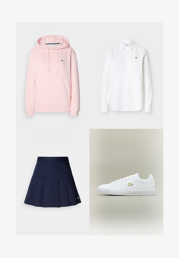 Sudadera rosa clara hecha de tela suave, con un bolsillo tipo canguro, capucha ajustable con cordón y un pequeño logo de cocodrilo verde en el pecho.; Camisa blanca de manga larga con botones y cuello, con un pequeño logo de cocodrilo verde en el pecho izquierdo.; Falda plisada azul marino con una cintura ajustada, fabricada con una tela suave. Presenta un pequeño logotipo de Lacoste en el dobladillo.; Zapatilla blanca hecha de cuero suave con punta redondeada, cordones planos y un pequeño logo dorado. Presenta una suela de goma texturizada y un diseño simple.