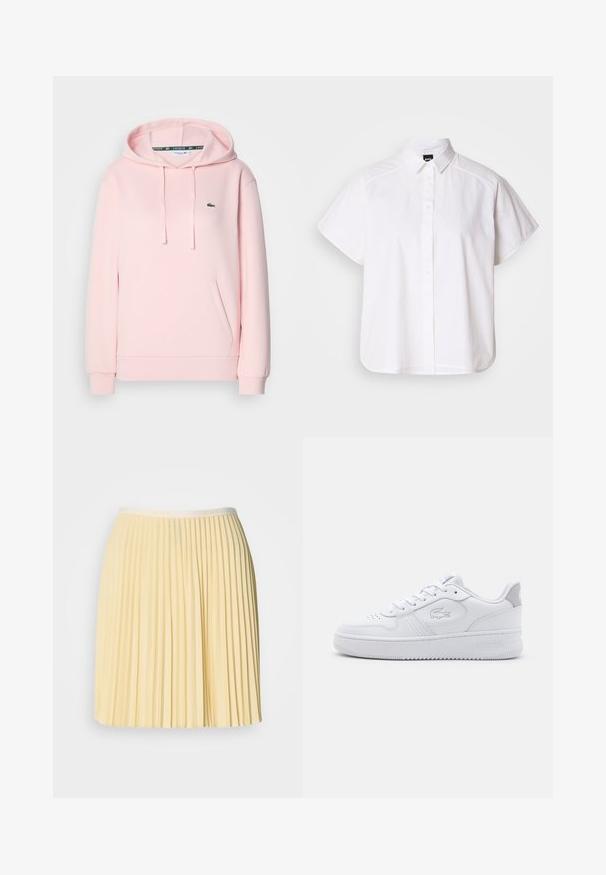 Sudadera rosa clara hecha de tela suave, con un bolsillo tipo canguro, capucha ajustable con cordón y un pequeño logo de cocodrilo verde en el pecho.; Camisa blanca de manga corta con botones, cuello con puntas y dobladillo curvado. Fabricada en algodón con una textura suave y sin patrones visibles.; Falda plisada de color amarillo pálido con una cinta en la cintura que presenta el logo de Lacoste. Fabricada en material ligero, tiene un diseño fluido y una textura suave.; Zapatilla deportiva blanca con parte superior de cuero liso, punta redonda y cierre con cordones. Presenta un logo embosado y un acento gris en el talón. Suela de goma plana.