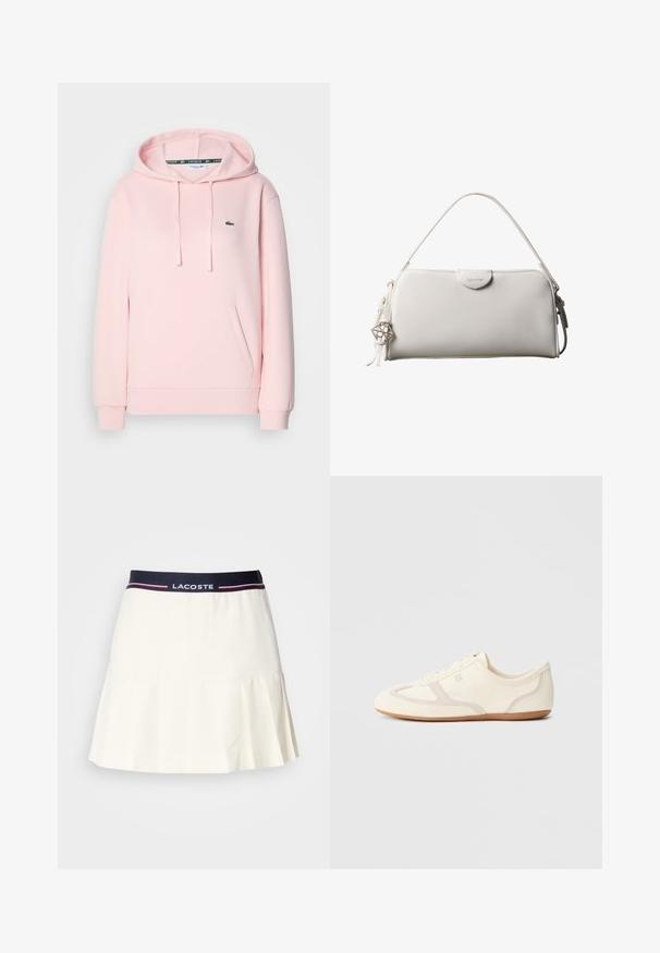 Lichtroze hoodie gemaakt van zachte stof, met een kangoeroezak, verstelbare trekkoordcapuchon en een klein groen krokodillenlogo op de borst.; Witte geplooide rok met een marineblauwe tailleband, voorzien van een Lacoste-logo en rode accenten. Gemaakt van een gladde, zachte stof.; Crème-witte sneakers met een bovenwerk van suède en stof, een afgeronde neus en een rubberen zool met een beige accentdetail. Vetersluiting.; Witte rechthoekige Calvin Klein handtas met enkele handgreep, minimalistisch ontwerp en decoratieve kwastjes met geometrische metalen hanger aan de zijkant.