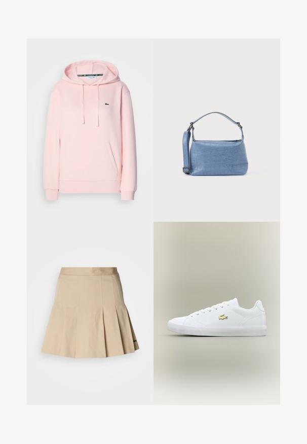 Lyserød hoodie lavet af blødt stof, med en kengurulomme, justerbar snøre-hætte, og et lille grønt krokodillelogo på brystet.; Beige plisseret nederdel lavet af bomuldsblandet stof. Har en tætsiddende talje og en lille broderet logo ved kanten. Glat tekstur.; Hvid sneaker lavet af glat læder med en rund tå, flade snørebånd og et lille guld logo. Har en struktureret gummisål og et enkelt design.; Lyseblå taske med krokodillepræg, kort håndtag og aftagelig skulderrem. Glat tekstur med lynlås.