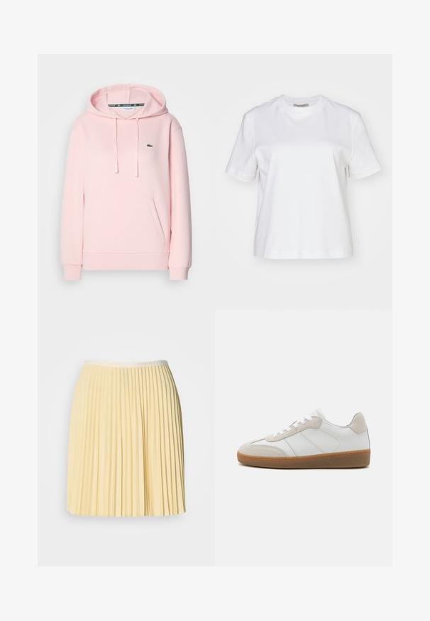 Lyserød hoodie lavet af blødt stof, med en kengurulomme, justerbar snøre-hætte, og et lille grønt krokodillelogo på brystet.; AllSaints LISA TEE - T-shirts basic - white; Lys gul, plisseret nederdel med en talje der har Lacoste-logoet. Fremstillet af letvægtsmateriale, har den et flydende design og en glat tekstur.; Hvide lædersneakers med beige ruskindsdetaljer, struktureret tunge og gummisål. Har hvide snørebånd og diskrete stikninger.
