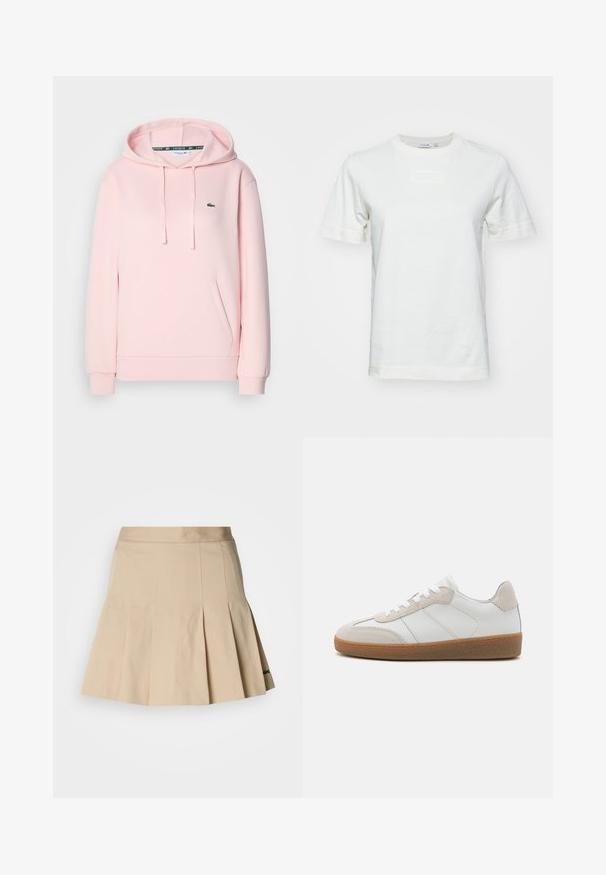Lichtroze hoodie gemaakt van zachte stof, met een kangoeroezak, verstelbare trekkoordcapuchon en een klein groen krokodillenlogo op de borst.; Witte katoenen t-shirt met korte mouwen, ronde hals en een gestructureerd "LACOSTE" logo op de voorkant. Gladde stof met een normale pasvorm.; Beige geplooide rok gemaakt van een katoenmengsel. Heeft een aangesloten taille en een klein geborduurd logo op de zoom. Soepele textuur.; Witte leren sneakers met beige suède accenten, een gestructureerde tong en een rubberen zool. Voorzien van witte veters en subtiele gestikte details.