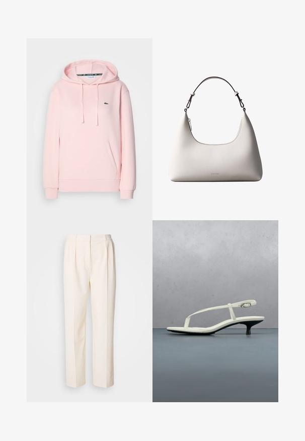 Sudadera rosa clara hecha de tela suave, con un bolsillo tipo canguro, capucha ajustable con cordón y un pequeño logo de cocodrilo verde en el pecho.; Lacoste Pantalones - lapland; Sandalia blanca de tacón kitten con tiras y punta afilada, flotando sobre un suelo de baldosas de madera al aire libre, con un fondo desenfocado de plantas y pared.; Bolso de hombro de cuero color crema de Calvin Klein con borde superior curvado, cremallera plateada y correa ajustable marrón oscuro.