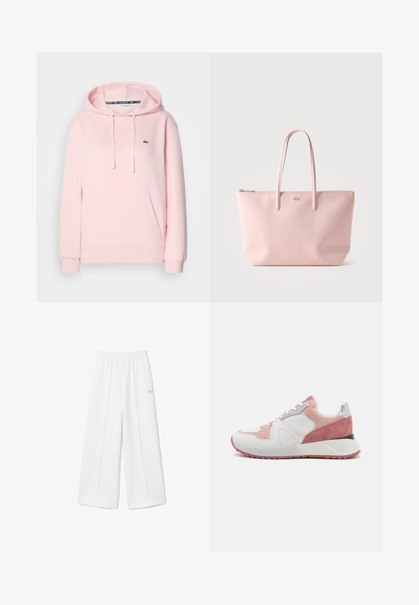 Sudadera rosa clara hecha de tela suave, con un bolsillo tipo canguro, capucha ajustable con cordón y un pequeño logo de cocodrilo verde en el pecho.; Pantalones de pierna ancha en color blanco con cinturilla elástica, textura de tela suave, pliegues en el centro y un pequeño logo de Lacoste bordado en el costado.; Zapatillas con una parte superior de cuero blanco, acentos de ante rosa y gris, paneles de malla y una suela de goma texturizada con detalles en rosa.; Bolso tote rosa claro con asas largas, cierre con cremallera en la parte superior y pequeño logo plateado de cocodrilo centrado en el frontal.