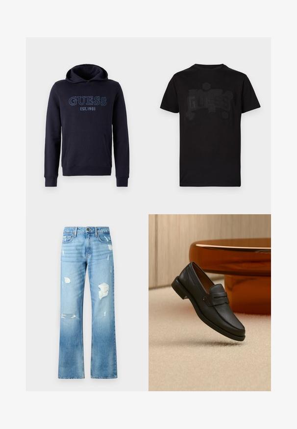 Marineblå hoodie lavet af blødt stof, med en kængurulomme, ribbede ærmer og broderet "GUESS EST.1981" logo på forsiden.; Sort bomulds-T-shirt med korte ærmer og rund halsudskæring. Har et tonalt præget "GUESS"-logo design, fremhævet med dekorative elementer.; Lyseblå denimjeans med lige ben, der har slidte detaljer og en falmet finish. Inkluderer en metalknap og fem lommer.; Sort læder herreloafer med bånd tværs over toppen, vist på beige tæppe nær et brunt moderne rundt bord.