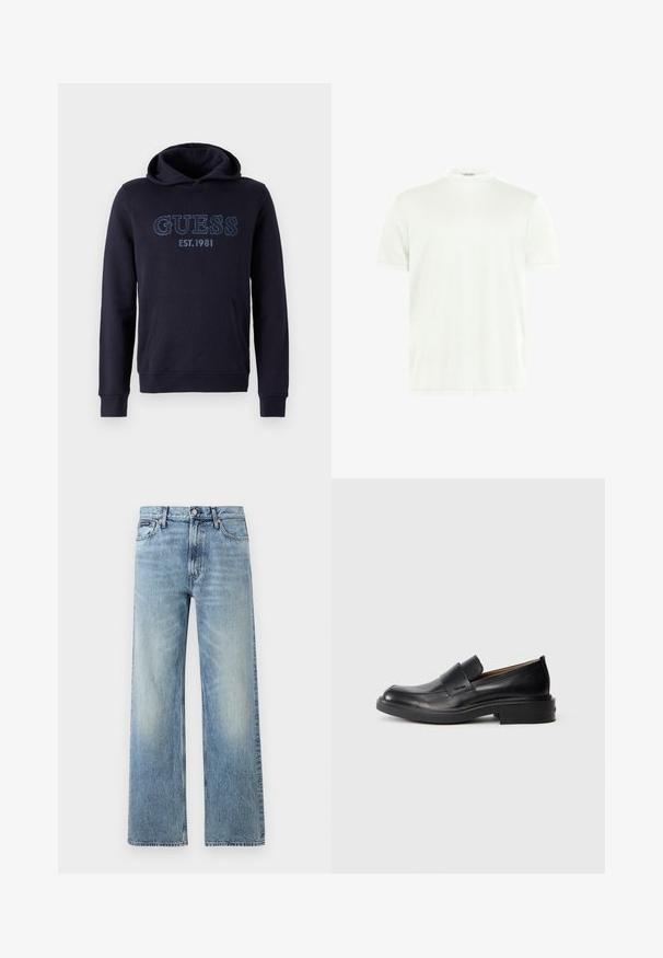 Marineblauwe hoodie gemaakt van zachte stof, met een kangoeroezak, ribgebreide manchetten en geborduurd "GUESS EST.1981" logo op de voorkant.; Witte T-shirt met ronde hals gemaakt van zachte stof. Korte mouwen, zonder patronen. Eenvoudig ontwerp met een rechte zoom en minimale details.; Lichtblauwe denim jeans met rechte pijpen, een hoge taille, vijf zakken, knoopsluiting en subtiele vervaging op de dijen en knieën.; Zwarte leren instap schoenen met een lage hak en subtiel Calvin Klein-logo aan de zijkant, weergegeven in profiel op een witte achtergrond.