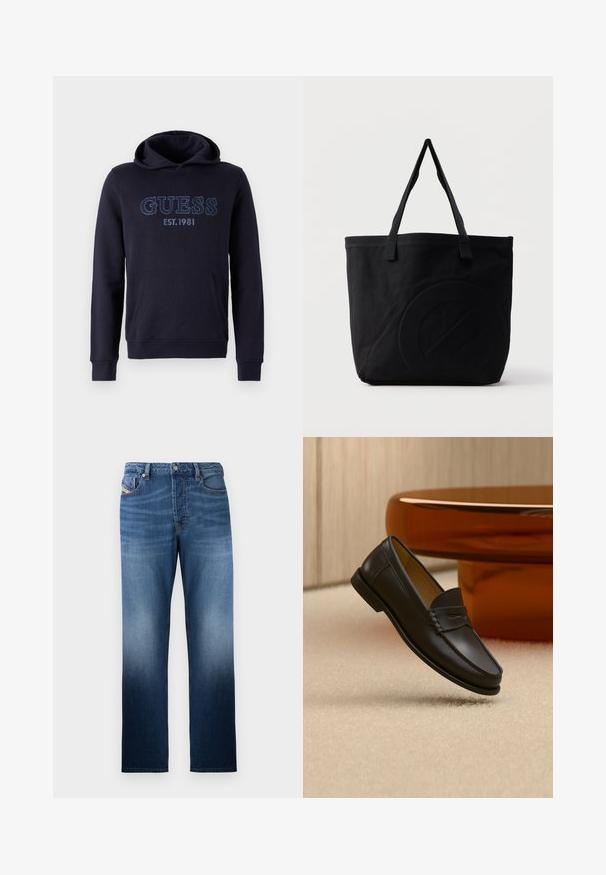 Marineblauwe hoodie gemaakt van zachte stof, met een kangoeroezak, ribgebreide manchetten en geborduurd "GUESS EST.1981" logo op de voorkant.; Donkerblauwe denim jeans met een rechte pijp, voorzien van een vervaagde wassing. Inclusief een knoopsluiting aan de voorkant en zakken.; Zwarte leren loaferschoen zwevend boven een beige tapijt met amberkleurige moderne meubels op de achtergrond.; Zwarte canvas tas met twee schouderbanden en een subtiel, ingebosseleerd cirkelvormig ontwerp aan de voorkant.
