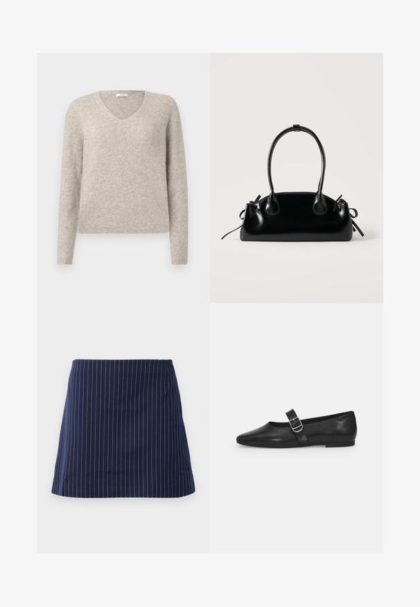 Pull en maille côtelée beige avec des manches longues et un col en V, présenté sur un fond clair uni.; Jupe bleu marine avec de fines rayures verticales blanches et une coupe droite au-dessus du genou, présentée sur un fond blanc uni.; Chaussure plate en cuir noir avec un bout arrondi, une seule sangle réglable à boucle et une texture lisse et brillante. Design minimaliste avec un petit talon.; Petit sac à main noir brillant avec deux longues anses et des détails à cordon sur les côtés sur un fond clair uni.