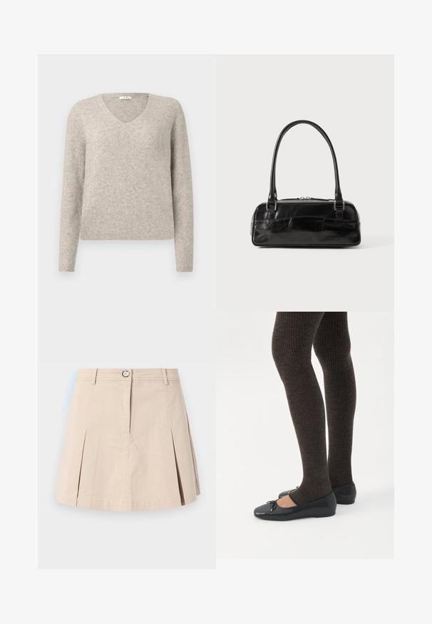 Pull en maille côtelée beige avec des manches longues et un col en V, présenté sur un fond clair uni.; Jupe courte beige avec plis devant, fermeture à bouton et fermeture éclair, passants de ceinture, présentée sur un fond clair uni.; Jambes portant des leggings côtelés foncés associés à des ballerines noires avec de petits détails en nœud sur fond blanc.; Sac à main en cuir noir de forme rectangulaire, doté d'une seule ansse structurée, de quincaillerie argentée et d'une fermeture éclair. Texture lisse.