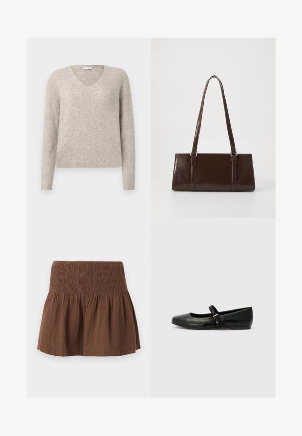 Pull en maille côtelée beige avec des manches longues et un col en V, présenté sur un fond clair uni.; Mini-jupe marron avec ceinture élastique smockée et tissu froncé en dessous, fabriquée en matériau léger texturé.; Ballerines en cuir noir avec un bout arrondi, une semelle plate et une fine sangle ajustable sur le cou-de-pied avec une boucle en métal.; Sac à main en cuir verni marron de forme rectangulaire, avec deux longues poignées et des accents courbés subtils à l'avant.