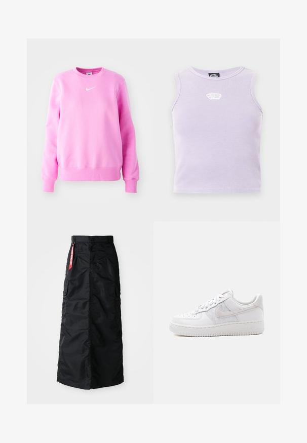 Roosa sweatshirt pehmest kangast, ribadega varrukate ja äärega. Rinnal väike valge Nike logo. Ümmargune kaelus.; Hele lilla varrukateta ribaga lühike top, millel on kaeluse lähedal keskel väike valge tikitud logo.; Must muströöm muströöm koos esise nupu ja tõmblukuga, külgmiste cargo-kottidega ning punase "Eemalda enne lendu" kangast sildiga vöökohtadel.; Valge madala säärega Nike Air Force 1 toss, valgete nööridega, varbakastil perforatsioonidega ja Nike logost tagaosas võrkmaterjalist paneel.