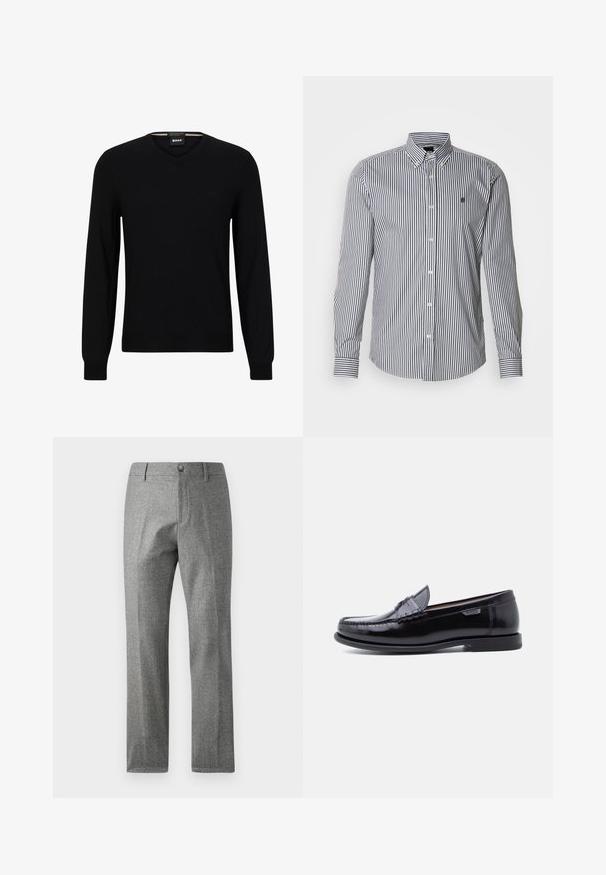 Zwarte gebreide trui met lange mouwen en een V-hals. Heeft een subtiele logo op de voorkant en geribde manchetten en boord. Glad textuur.; Gestreept shirt met lange mouwen in marineblauw en wit, met een button-down kraag, knoopsluiting aan de voorkant en logodetail op de borst.; Grijze textuur broek met een rechte pijp ontwerp, voorzien van een voorste knoop- en ritssluiting. Subtiele visgraatpatroon detail.; Zwarte leren loafers met een glanzende afwerking, voorzien van een gestikt ontwerp op de neus en een lage, zwarte rubberen zool met structuur.