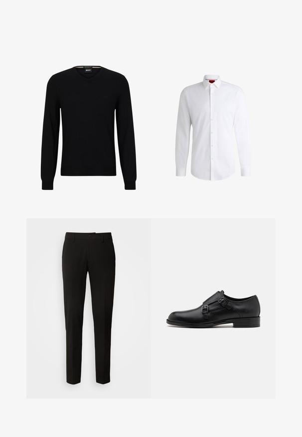 Suéter negro de punto con mangas largas y escote en V. Presenta un sutil logo en el frente y puños y dobladillo acanalados. Textura suave.; Camisa blanca de botones, confeccionada en tela suave, con collar clásico, mangas largas y dobladillo curvado. Presenta botones beige en la parte delantera.; Pantalones negros con un diseño de pierna recta, con cierre de botón, trabillas para cinturón y una textura de tela suave. Sin patrones ni acentos visibles.; Zapato de vestir de cuero negro con doble hebilla, silueta elegante y punta redonda. Cuenta con un tacón bajo y una textura suave.