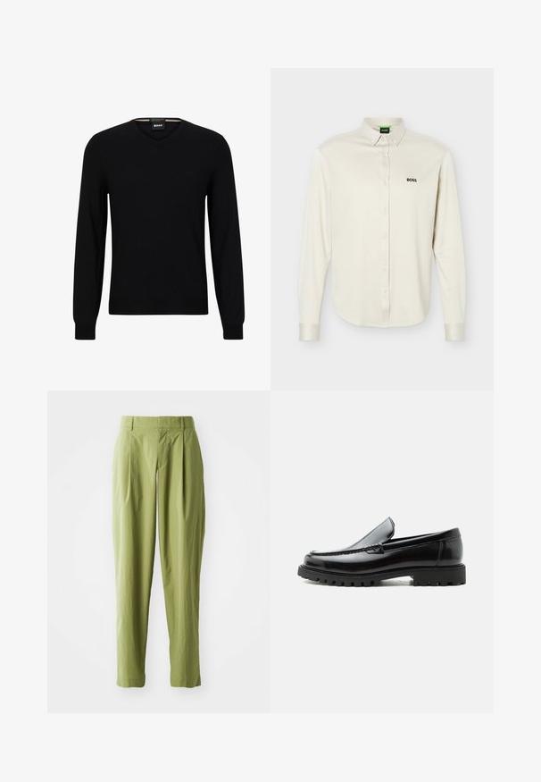 Suéter negro de punto con mangas largas y escote en V. Presenta un sutil logo en el frente y puños y dobladillo acanalados. Textura suave.; Camisa blanca de manga larga con botones y cuello, logo negro "BOSS" en el pecho izquierdo y puños abotonados, presentada sobre un fondo liso.; Pantalones verdes claros hechos de una tela texturizada, con una forma recta, pliegues en la parte frontal y una cinturilla estándar.; Mocasín de cuero negro con suela de goma gruesa, empeine cosido y nombre de la marca en relieve en el talón, mostrado en perfil lateral sobre fondo blanco.
