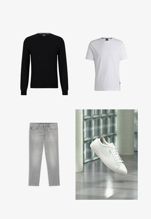 Suéter negro de punto con mangas largas y escote en V. Presenta un sutil logo en el frente y puños y dobladillo acanalados. Textura suave.; Camiseta blanca de manga corta hecha de algodón. Cuenta con un cuello redondo y una etiqueta de marca sutil en el lateral. Textura suave y diseño simple.; Vaqueros de pierna recta de color gris claro con bolsillos delanteros, trabillas para cinturón y cierre de botón, exhibidos planos sobre un fondo blanco.; Zapatilla deportiva de piel blanca de corte bajo con cordones, lengüeta negra en el talón y logo "BOSS", flotando en interiores cerca de una pared de bloques de vidrio y suelo pulido.