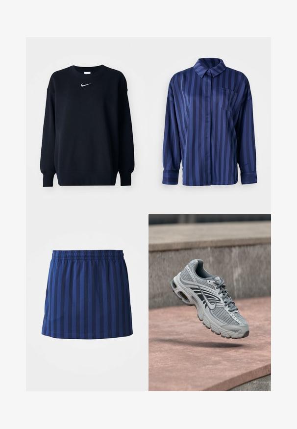 Sort sweatshirt lavet af bomuldsblanding; ribbet rund hals, lange ærmer og elastiske manchetter; har et lille sølvfarvet Nike-logo på brystet.; Mørkeblå stribet skjorte med krave, brystlomme og lange ærmer. Lavet af et glat, skinnende stof med en løs pasform.; Mørkeblå nederdel med lodrette striber, elastisk talje, længde til midten af låret, lavet af letvægtsstof, glat tekstur.; Lys grå og hvid Nike løbesko med mesh-design, svævende over en stenet overflade udendørs.