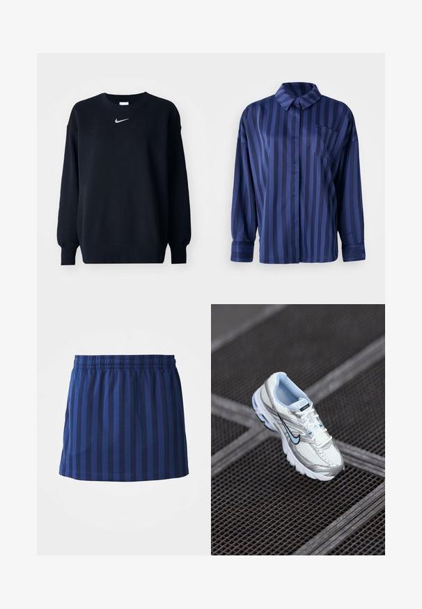 Mustmust valmistatud puuvilla segust; soonikuga ümmargune kaelus, pikkade varrukatega ja elastsete mansettidega; rinnal on väike hõbedane Nike logo.; Tumesinise triibuline särk krae, rinna tasku ja pikkade varrukatega. Valmistatud siledast, läikivast kangast, millel on vabalt langev lõige.; Tumedate sinine seelik vertikaalsete triipudega, elastne vöökoht, keskmise reie pikkus, valmistatud kergetest kangastest, sile tekstuur.; Valge võrkmaterjalist sportlik king, millel on hõbedased aktsendid, helesinine õmblus ja must swoosh logo. Omab pehmendustega krae ja tekstuurset tallat.