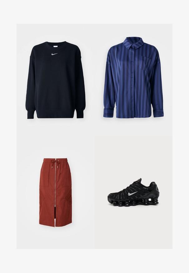 Čierna mikina vyrobená z bavlnenej zmesi; rebrovaný okrúhly výstrih, dlhé rukávy a elastické manžety; s malým strieborným logom Nike na hrudi.; Námornícky modrá pruhovaná košeľa s golierom, vreckom na hrudi a dlhými rukávmi. Vyrobené z hladkej, lesklej tkaniny s voľným strihom.; Sukňa strednej dĺžky v terakotovo červenej farbe, s predným zipsom, elastickým pásom so šnúrkou a bočnými vreckami s geometrickým dizajnom.; Čierna Nike športová obuv so strieborným logom Swoosh, sieťovinovým a syntetickým zvrškom a výraznou segmentovanou podrážkou s poduškami.