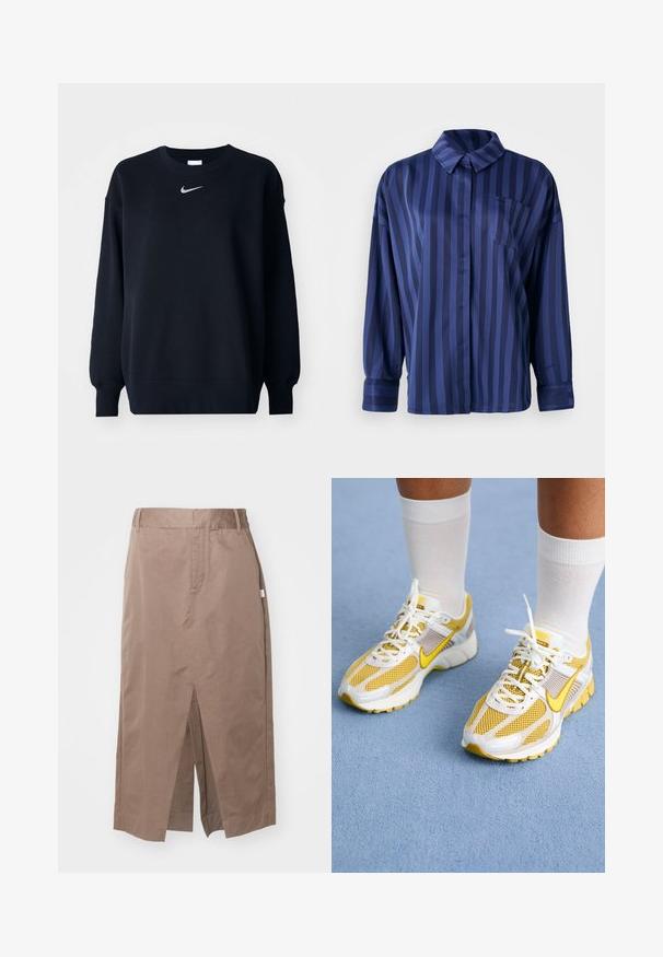 Sudadera negra hecha de una mezcla de algodón; cuello redondo ribeteado, mangas largas y puños elásticos; presenta un pequeño logo plateado de Nike en el pecho.; Camisa a rayas azul marino con cuello, bolsillo en el pecho y mangas largas. Confeccionada en una tela suave y brillante con un corte holgado.; Falda de algodón marrón con un diseño recto, que presenta una abertura frontal, bolsillos laterales y una cintura estándar. Textura suave y costuras ajustadas.; Zapatillas deportivas amarillas y blancas, con material de malla y sintético, que cuentan con cordones, una suela acolchada y un distintivo logotipo en los laterales.