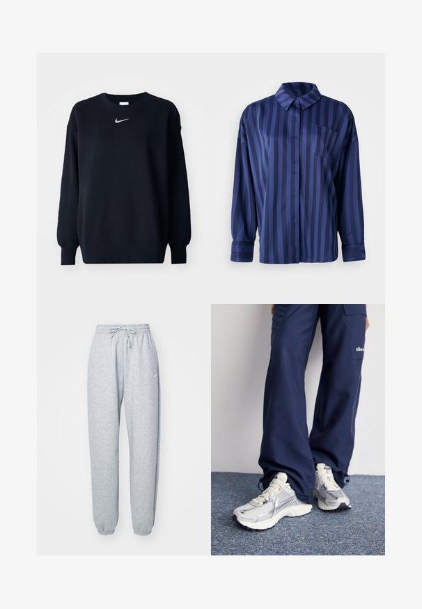 Sudadera negra hecha de una mezcla de algodón; cuello redondo ribeteado, mangas largas y puños elásticos; presenta un pequeño logo plateado de Nike en el pecho.; Camisa a rayas azul marino con cuello, bolsillo en el pecho y mangas largas. Confeccionada en una tela suave y brillante con un corte holgado.; Pantalones de chándal gris claro hechos de una suave mezcla de algodón, con cintura elástica y cordón, perneras ajustadas y puños acanalados. Detalles de marca mínimos.; Zapatillas deportivas Nike con parte superior de malla plateada, acentos blancos y suelas texturizadas, combinadas con pantalones azul marino de corte holgado.
