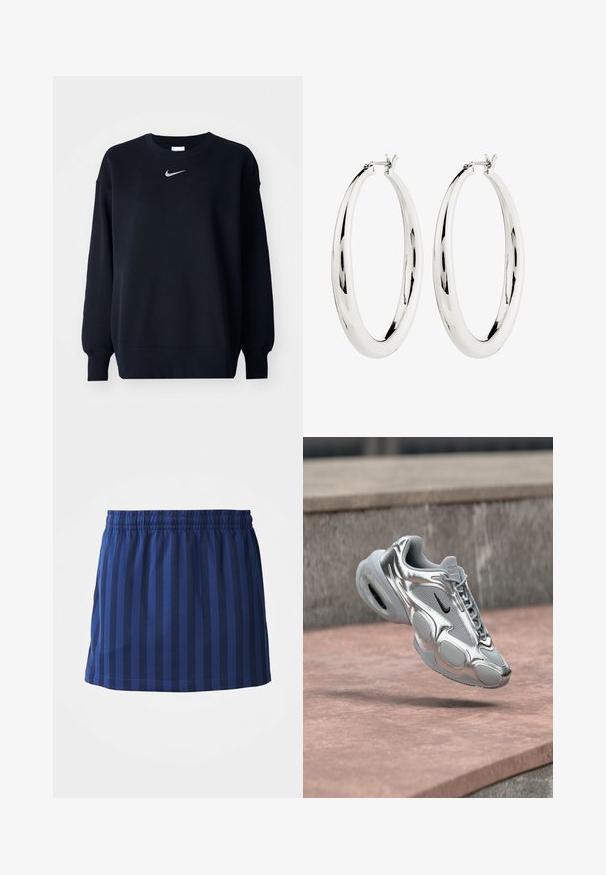 Sort sweatshirt lavet af bomuldsblanding; ribbet rund hals, lange ærmer og elastiske manchetter; har et lille sølvfarvet Nike-logo på brystet.; Mørkeblå nederdel med lodrette striber, elastisk talje, længde til midten af låret, lavet af letvægtsstof, glat tekstur.; Sølv- og grå Nike Air-sneaker med sort swoosh, der svæver over en lyserød betonoverflade og stensokkel i baggrunden.; Sølv hoops øreringe med en glat, reflekterende overflade. Rund, stor form med en sikker lås øverst. Den polerede finish fremhæver glansen.