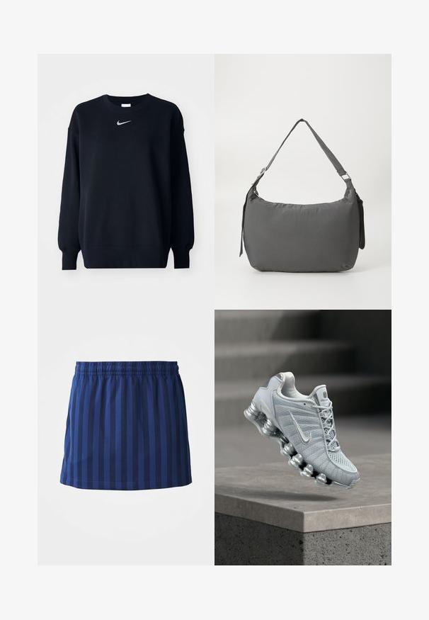 Sudadera negra hecha de una mezcla de algodón; cuello redondo ribeteado, mangas largas y puños elásticos; presenta un pequeño logo plateado de Nike en el pecho.; Falda azul marino con rayas verticales, cinturilla elástica, de longitud hasta el muslo, hecha de tela ligera, textura suave.; Zapatilla de running Nike de color gris claro con suela acolchada tipo muelle flotando sobre un borde de hormigón, fondo con escaleras desenfocadas.; Bolso de hombro acolchado gris con forma curva, textura suave, correa ajustable y un logotipo sutil en relieve en la parte frontal.
