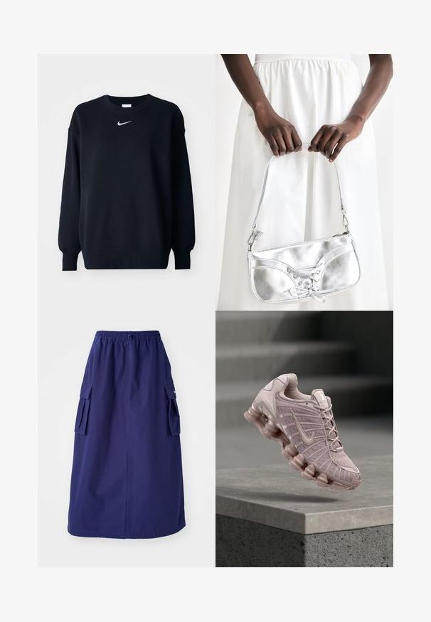Sudadera negra hecha de una mezcla de algodón; cuello redondo ribeteado, mangas largas y puños elásticos; presenta un pequeño logo plateado de Nike en el pecho.; Falda azul marino de longitud media con una cinturilla elástica, que presenta dos bolsillos laterales tipo cargo y un detalle de logotipo minimalista. Textura de tela suave.; Zapatillas Nike Air Max en color rosa claro, con parte superior de malla, lengüeta acolchada y una suela gruesa y transparente con diseño de ondas.; Bolso metálico plateado con detalle de cordones, que presenta un diseño elegante y una correa corta. El bolso está sostenido con las manos, mostrando su textura.