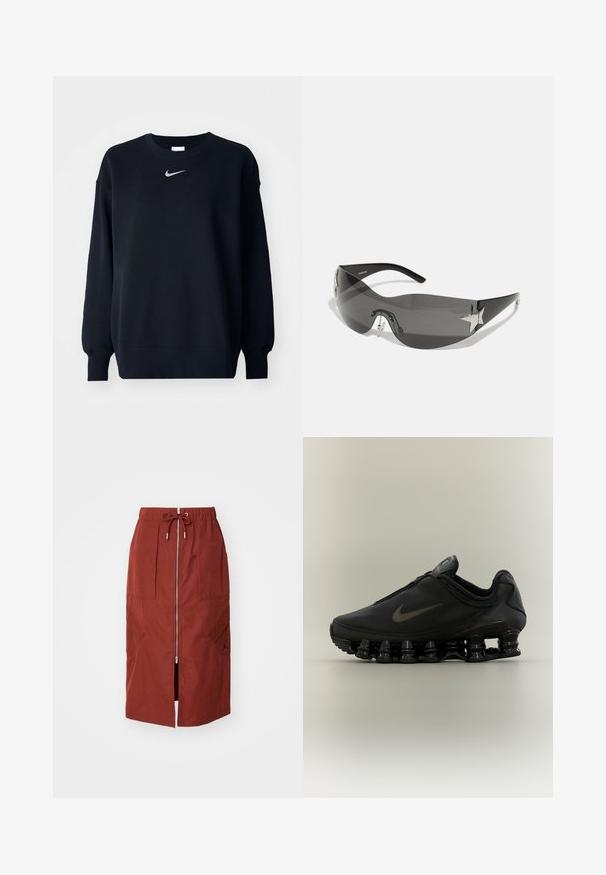 Sudadera negra hecha de una mezcla de algodón; cuello redondo ribeteado, mangas largas y puños elásticos; presenta un pequeño logo plateado de Nike en el pecho.; Falda de longitud media en rojo terracota, con cremallera frontal, cinturilla elástica con cordón ajustable y bolsillos laterales con un diseño geométrico.; Zapatilla negra Nike con parte superior con cremallera y suela distintiva segmentada en forma de resorte, mostrada de perfil sobre un fondo neutro.; Gafas de sol negras con diseño envolvente, lentes oscuros, acentos brillantes en forma de estrella y almohadillas nasales ajustables.