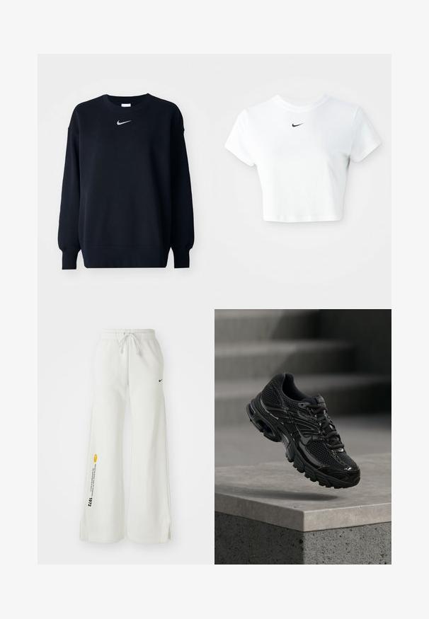 Sudadera negra hecha de una mezcla de algodón; cuello redondo ribeteado, mangas largas y puños elásticos; presenta un pequeño logo plateado de Nike en el pecho.; Camiseta corta blanca de algodón, con mangas cortas y cuello redondo, y un logo negro de Nike en el pecho.; Pantalones de chándal blancos y de pierna ancha con cintura elástica, cordón, aberturas laterales, logo negro de Nike y texto gráfico en amarillo contrastante.; Zapatilla de running negra de Nike con parte superior de malla y sintética flotando sobre una superficie de hormigón y escalones de fondo.
