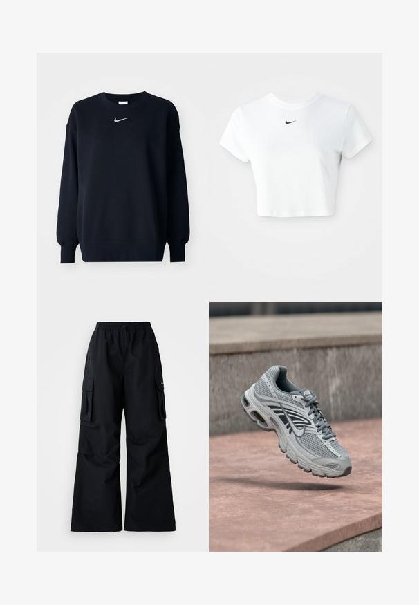 Sudadera negra hecha de una mezcla de algodón; cuello redondo ribeteado, mangas largas y puños elásticos; presenta un pequeño logo plateado de Nike en el pecho.; Camiseta corta blanca de algodón, con mangas cortas y cuello redondo, y un logo negro de Nike en el pecho.; Pantalones cargo negros de pierna ancha, con cinturilla elástica, cordón ajustable y dos bolsillos laterales. Hechos de un tejido suave y ligero.; Zapatilla de correr Nike en gris claro y blanco con diseño de malla, flotando sobre una superficie de piedra al aire libre.