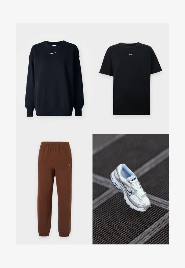 Sort sweatshirt lavet af bomuldsblanding; ribbet rund hals, lange ærmer og elastiske manchetter; har et lille sølvfarvet Nike-logo på brystet.; Sort bomulds-T-shirt med rund hals og korte ærmer. Har en lille hvid Nike-logo centreret på brystet. Glat tekstur.; Brune Nike træningsbukser med elastisk talje og manchetter, med et lille hvidt Nike-swoosh på øverste venstre ben.; Hvide mesh atletiksko med sølvdetaljer, lyseblå syninger og et sort swoosh-logo. Har en polstret krave og en tekstureret sål.