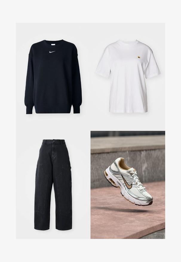 Sudadera negra hecha de una mezcla de algodón; cuello redondo ribeteado, mangas largas y puños elásticos; presenta un pequeño logo plateado de Nike en el pecho.; Camisa de algodón blanca con corte relajado, mangas cortas y un pequeño logotipo bordado en el área del pecho izquierdo.; Pantalones cargo de denim negro de pierna ancha con cintura alta, dos grandes bolsillos frontales y cierre de botón en la cintura. Textura suave, diseño casual.; Zapatilla de correr Nike blanca y plateada con el logo Swoosh beige, mostrada en el aire sobre una superficie de piedra con un fondo difuminado de pared gris.